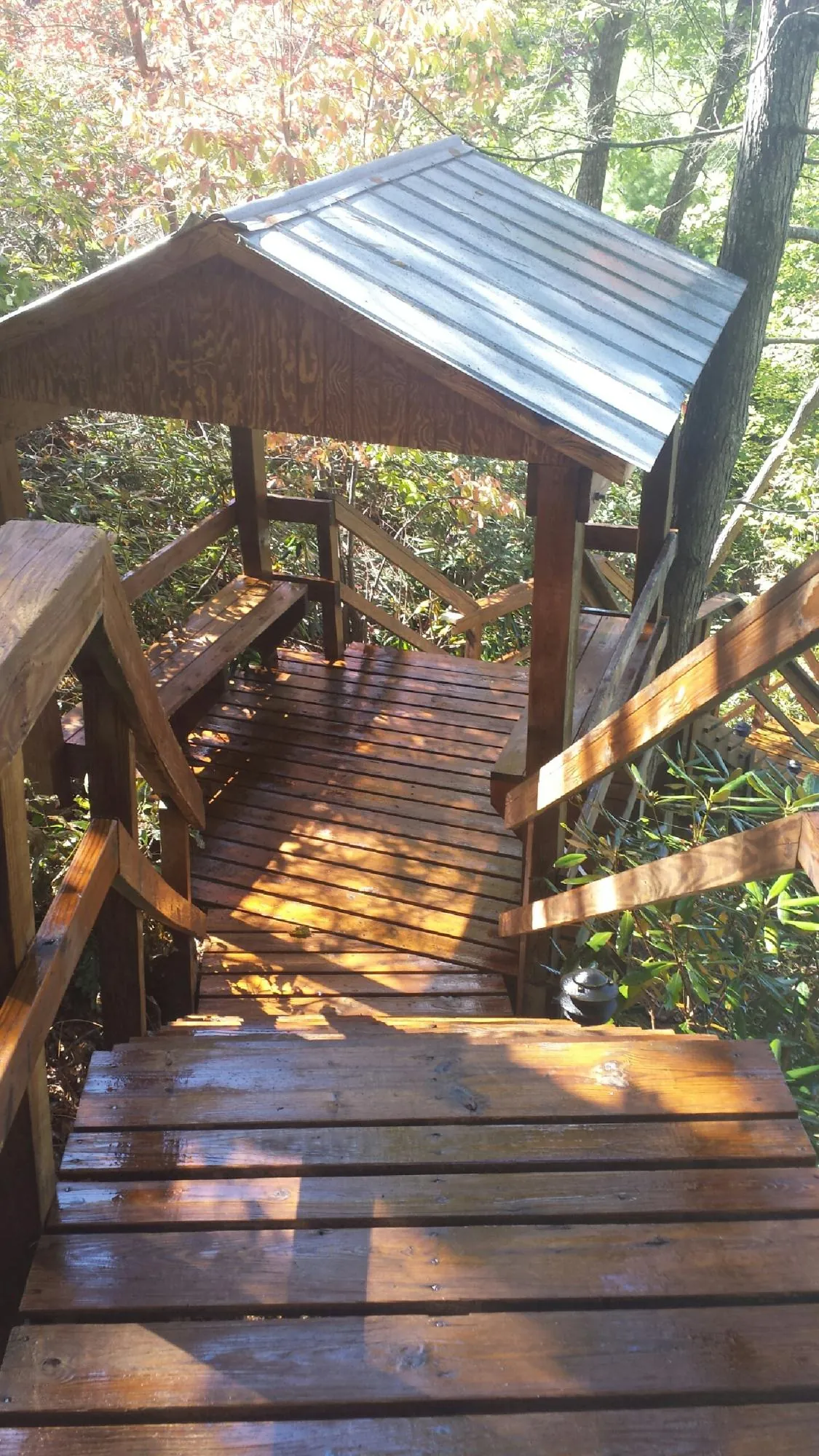 Freshly stained wood walkway and covered shelter with a metal roof in Hughesville